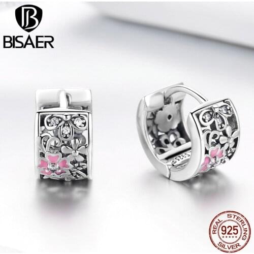 BISAER Fashion 925 Sterling Silver Daisy Flower Earrings Stud Blooming Cherry Flower Stud Earrings for Women Jewelry ECE541