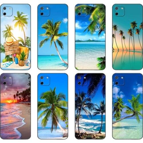 Black tpu Case For OPPO Realme C11 C20 C21 Case Back Cover Bumper summer Beach Scene at Sunset on sea Palm Tree