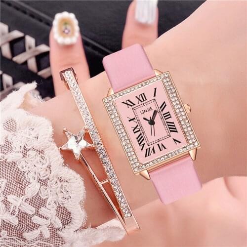 Women Rectangle Diamond Roma Watches Luxury Leather Strap Quartz Wrist Watches Montre Femme