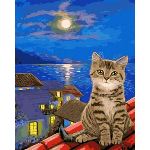 Frameless picture oil painting by numbers wall decor diy painting on canvas for home decor 4050 kitty on the roof