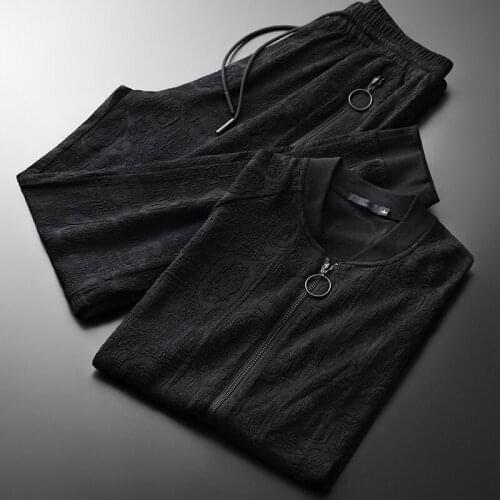 Classic Stand Collar Mens Sets (t-shirt+pants) Luxury Metal Zipper Short Sleeve Man Sets Plus Size 4xl Casual Sport Thin Man Set