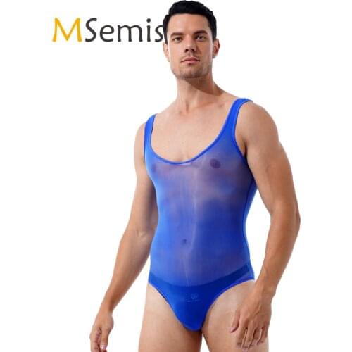 Mens Lingerie See-through Leotard Bodysuit Glossy Scoop Neck Close-fitting Sleeveless Bodysuit Underwear