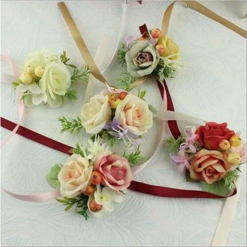 10Pcs Wrist Flower Rose Silk Ribbon Bride Corsage Hand Flower Decorative Wristband Bracelet Bridesmaid Curtain Band Clip Bouquet