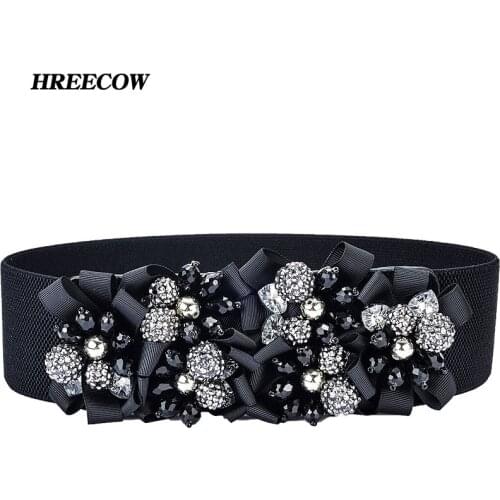 Hot New Fashion Beads Design woven elastic Artificial crystal wide belt lady fashion Cummerbunds Female belts girdle for women