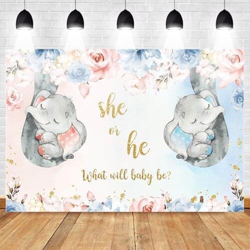 MOCSICKALovely Elephant Themed Gender Reveal Photography Backdrops Flowers Baby Shower Party Cake Table Banner Decoration