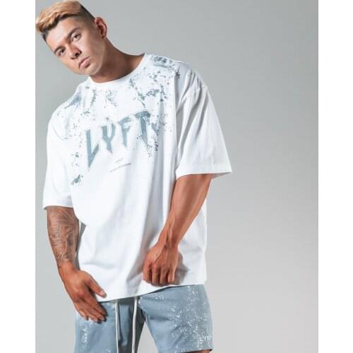 Mens fitness short sleeves fashion splash-ink elements sports leisure loose round collar male T-shirt cotton running summer Tees