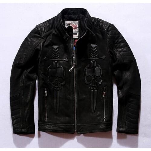 New arrival Mens Skull & Sword Embossed Black Distressed Nubuck Genuine Leather Stand Collar Motorcycle Jacket