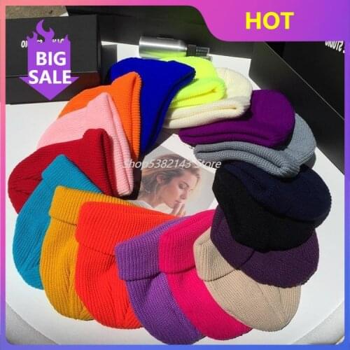 Men Women Winter Autumn Solid Color Warm Woolen Knitted Cap Fluorescent Cuffed Beanie Hat Female Caps Warmer Bonnet Casual Cap