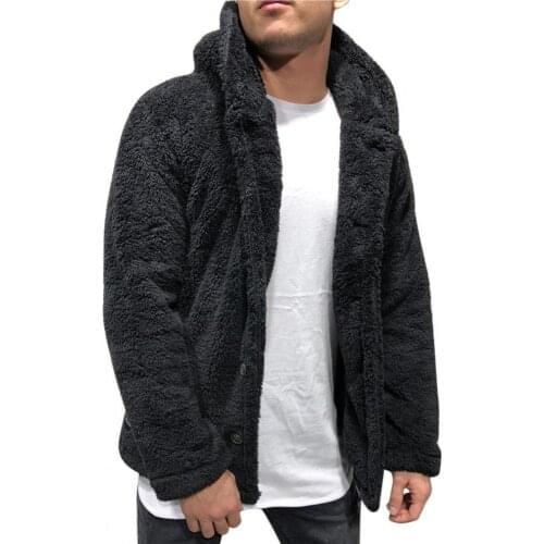 2021 Fluffy Fleece Long Sleeve Hooded Coat Plush Buttons Closure Cold Resistant Thicken Warm Men Coat Outerwear for Daily Wear