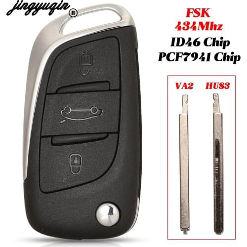 Jingyuqin 3 Buttons FSK 434Mhz ID46-7941 Chip Smart Remote Car Key For Citroen C4 C-Elysee c3xr Uncut HU83/VA2 Blade Repacement