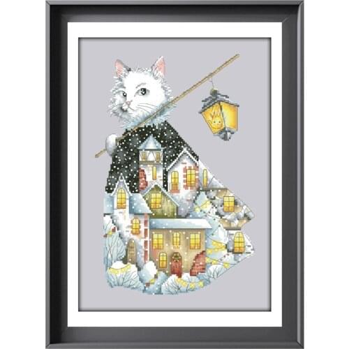 Christmas cat cross stitch kits winter snow cartoon pattern design 18ct 14ct 11ct silver canvas embroidery DIY needlework