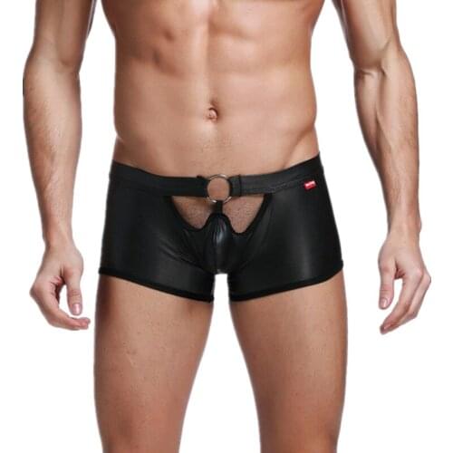 Men Underwear Boxer Shorts Sexy Bugle Pouch Latex Boxershorts Faux Leather Trunks Gay Sissy Panties Underpants Mini Bikini