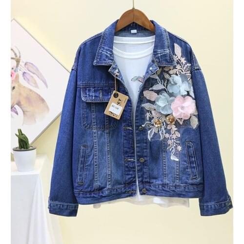 2020 Autumn Women Denim Jacket Embroidery Three Dimensional Flowers Pearl Bead Short Denim Coat Casual Long Sleeve Jean Jacket