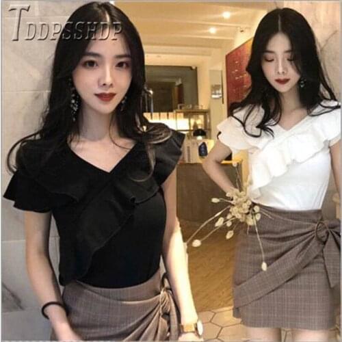 2020 Summer New Ruffles Women T Shirt V Neck Slim Sexy Female Tee Shirts