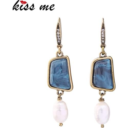 KISS ME Asymmetric Blue Geometric Drop Earrings for Women Cultured Pearl Vintage Earrings Brand Jewelry