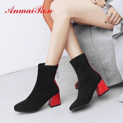 ANMAIRON 2020 Round Toe Flock Square Heel Ankle Boots Women Winter Boots Women Mixed Colors Zipper Stretch Fabric Women Shoes