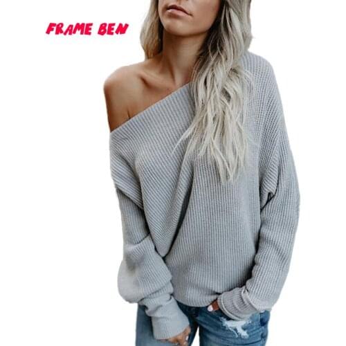 FRAME BEN 2019 New Women Sexy Off Shoulder Loose Pullover Sweater Loose Long Sleeve Slash Neck Knit Sweater Jumper Top