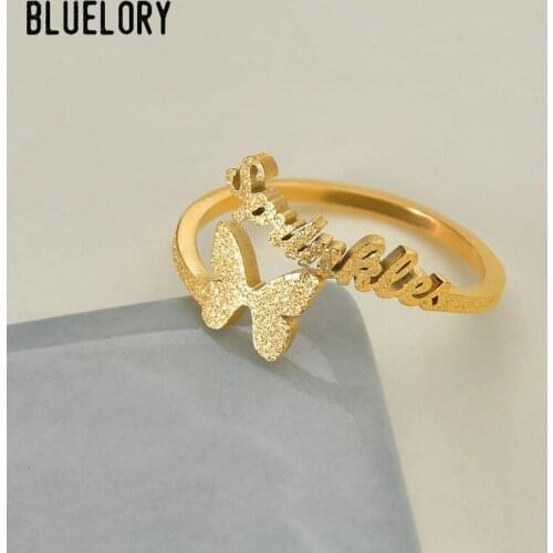 Bluelory Customized Frosted Butterfly Name Rings For Women Stainless Steel Nameplated Rings Custom Jewelry Girlfriend Gift
