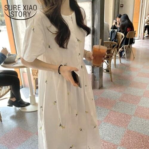 Summer 2021 Woman Dress White Embroidery Floral Mid-Calf Cotton Clothing Short Sleeve Loose Lined Cute Sweet Sundress Chic 15164