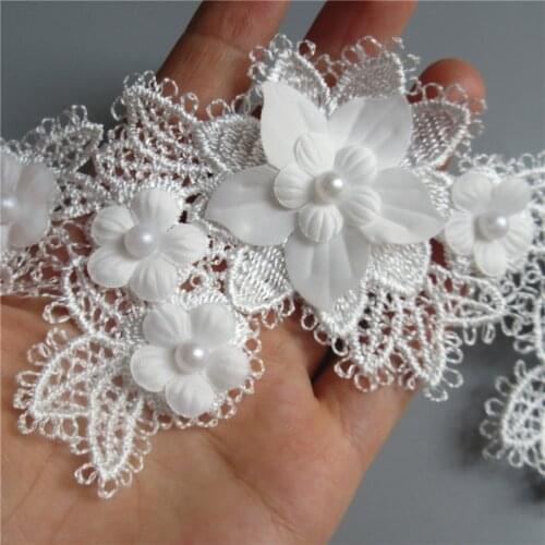 5x Soluble White Pearl 3D Flowers Embroidered Lace Trim Ribbon Fabric Sewing Craft For Costume Wedding Dress Decoration