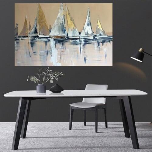 Abstract Gold Color Sailing Canvas Paintings on the Wall Art Posters and Prints Seascape Modern Art Pictures For Living Room