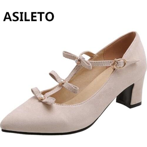 ASILETO Spring Autumn Ladies Concise Pumps Pointed Toe 5.5cm Square Heels Straight buckle Pearl size 32-48 Leisure Party B1988