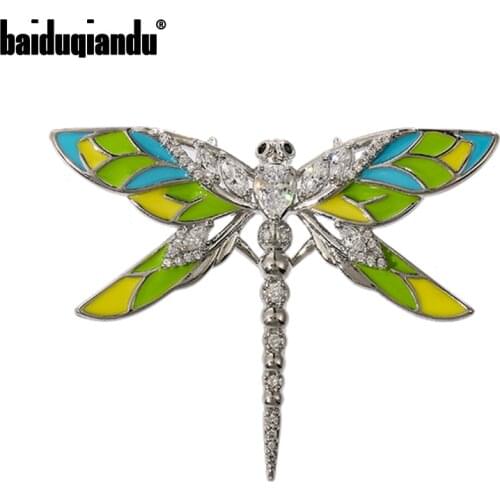 Baiduqiandu Women Zircon Dragonfly Brooch Gold/Silver Plated Green Insect Animal Casual Office Party Banquet Brooches Pins Gift