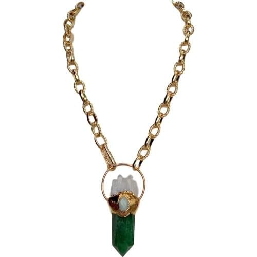 YYGEM Natural Green Muscovite Point White Quartz Raw Gold Filled Chain Pendant Necklace