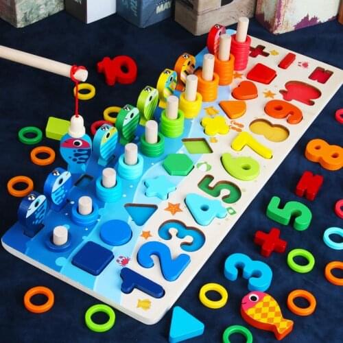 Baby Montessori Math Toys Kids Educational Wooden Toys 5 In 1 Fishing Count Numbers Matching Digital Shape Sorting Board Puzzles