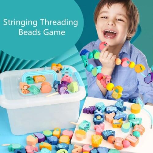 DIY Cartoon Fruit Animal Wooden Blocks Stringing Threading Beads Game Building Construction Toys Educational Toy For Children