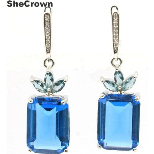 44x13mm SheCrown Elegant 18x13mm Created London Blue Topaz Natural CZ For Sister Silver Earrings Pendant