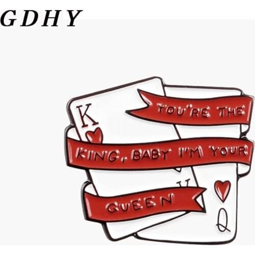 GDHY Poker Banner Brooch You' re The King,Baby I'm Your Queen Red Hearts Brooch Broche Badges For Women Lover Couple Jewelry