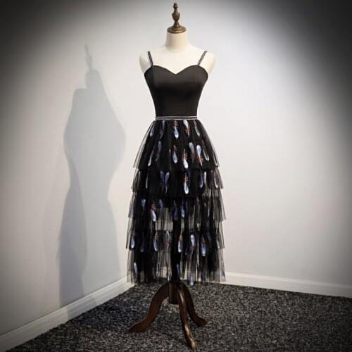 BGW HT3255 Black Tulle Embroidery A Line Cocktail Dresses Tiered Women Party Dress Sleeveless Backless Spaghetti Strap 2020
