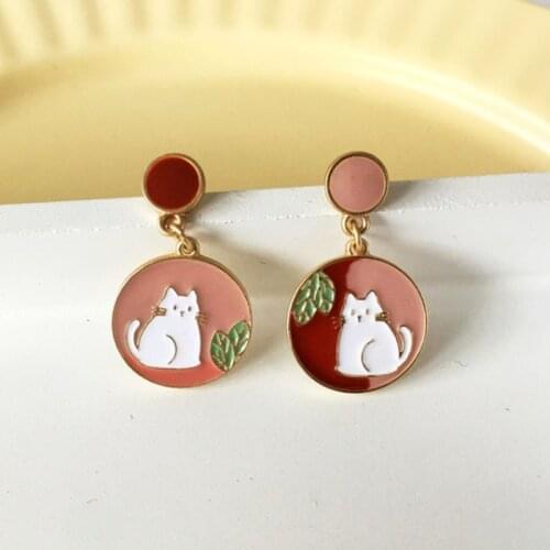 Cute Lovely Cats Drop Earrings For Women Simple Elegant Sweet Contrast Puppy Leaves Asymmetry Ear Jewelry Accessories