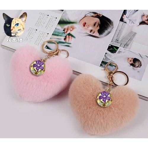 Cute Fluffy Heart Fur Ball Bells Keychain For Women Faux Rabbit Pompom Car Pendant Keyring Holder Charm Bag Girl Party Gift