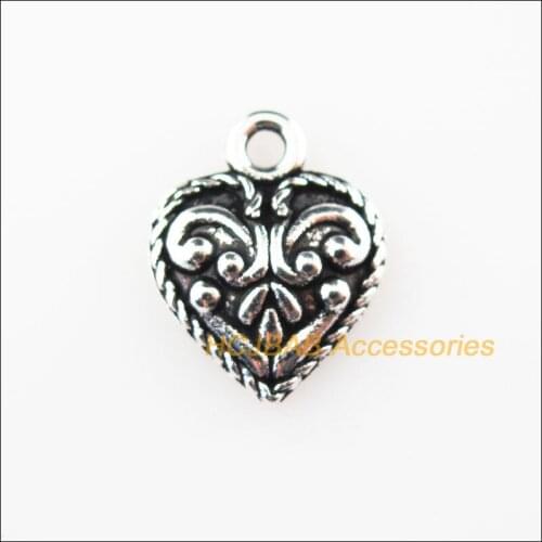 Fashion 40Pcs Tibetan Silver Color Flower Heart Charms Pendants 11x14.5mm