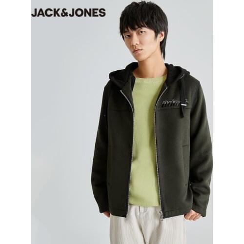 JackJones Spring&Autumn Mens Letters Embroidery Thickened Hooded Woolen Overcoat| 220427002