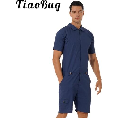 Playsuit Men Turn-down Collar Zipper Bodysuit Romper Jumpsuit Chic Casual Man Clothes Short Sleeve One-piece Overall with Pocket