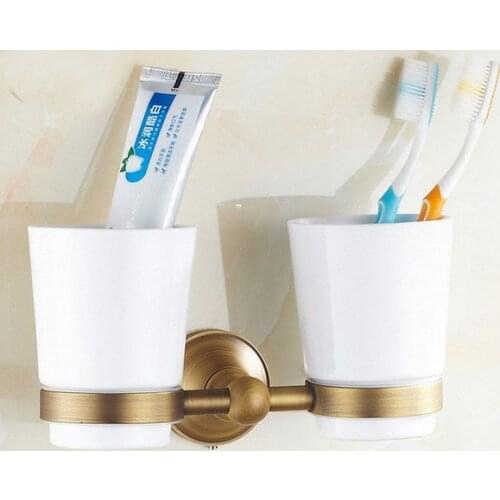 Wall Mounted Vintage Retro Antique Brass Bathroom Toothbrush Holder Set Bathroom Accessory Dual Ceramic Cup mba145
