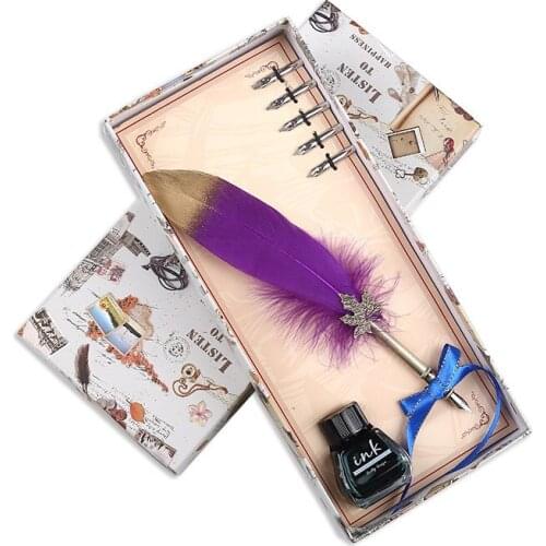 New Feather Pen Set Gift Box Student with Water Pen European Retro Creative Birthday Gift Pen Christmas Gift