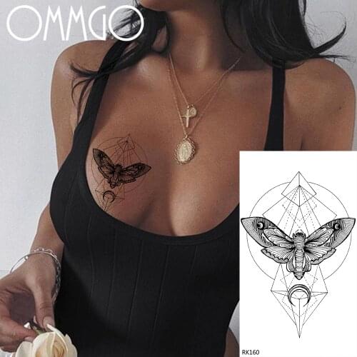 OMMGO Geometric Moth Chain Temporary Tattoos For Men Women Arm Tatoo Sticker Waterproof Rhombus Round Buttterfly 3D Tattoo Paper