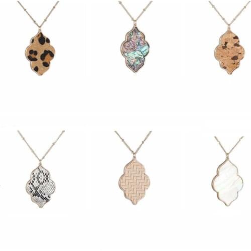 Abalone shell Leopard Curved Hexagon Pendant Necklace snakeskin leather wood grain Long Chain Necklaces designer brand jewelry