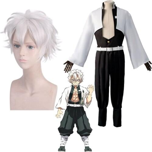 Shinazugawa Sanemi Cosplay Costume Kimetsu no Yaiba Wigs Demon Slayer Sanemi Silver Grey Short Hair Kisatsutai Uniform Set