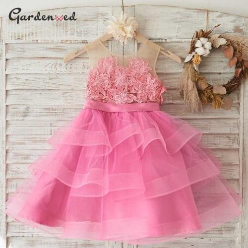 Puffy Pink Flower Emboridery Communion Dress Girl Tulle Layers Flower Girl Dress Backless Baby Little Bride Dresses Ball Gown
