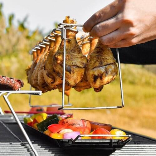 Household Folding Stainless Steel Grilled Chicken Leg Rack Portable Barbecue Chicken Shelf with Bottom Tray Tool Accessories