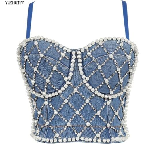 Slim Denim Beading Rhinestone Top With Built In Bra Push Up Bralette Female Crop Top Women Harajuku Backless Solid Camis Tops
