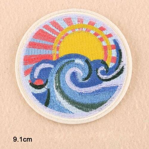 Full Embroidery Sunrise Sunset in Sea Outdoor Iron On Embroidered Clothes Patches For Clothing Stickers Garment