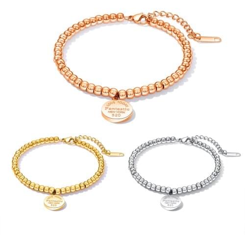 Fashion Stainless Steel Round Beads Pendant Charms Bracelet for Women Girls Rosegold Jewelry Gift