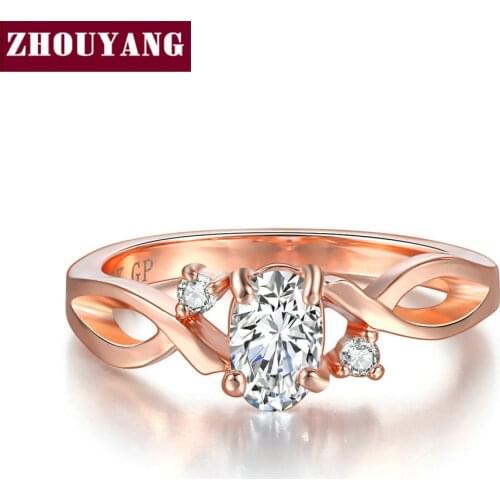 ZHOUYANG Wedding Rings For Women Simple Wavy Shape Four Claw Oval Cubic Zirconia Rose Gold Color Party Gift Fashion Jewelry R785