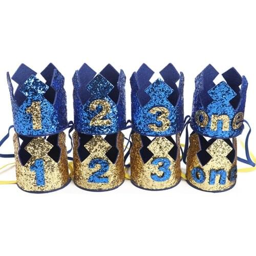 1 Year Baby Birthday Crown Glitter Gold Blue Princess Crown For Birthday Boy Girl Shower Decor Headband Kids Gifts Academic Hat